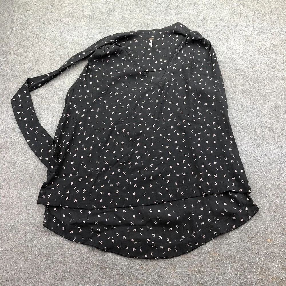 Free People Blouse Womens Small Black Floral Sleeveless V Neck Tunic Casual Top